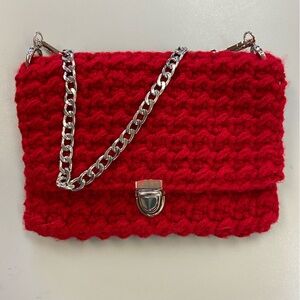 Red Knit Clutch with Chain Detail
